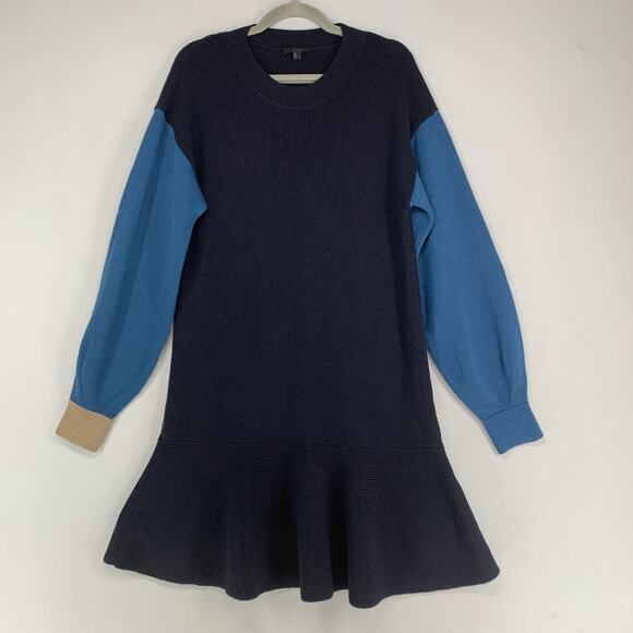 COS Dresses & Skirts - COS Women Sweater Dress M Blue Knit Colorblock Balloon Sleeves 100% Wool